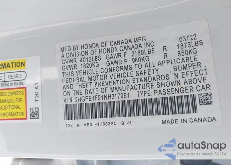2022 Honda Civic Touring from USA, damaged, VIN 2HGFE1F91NH317961